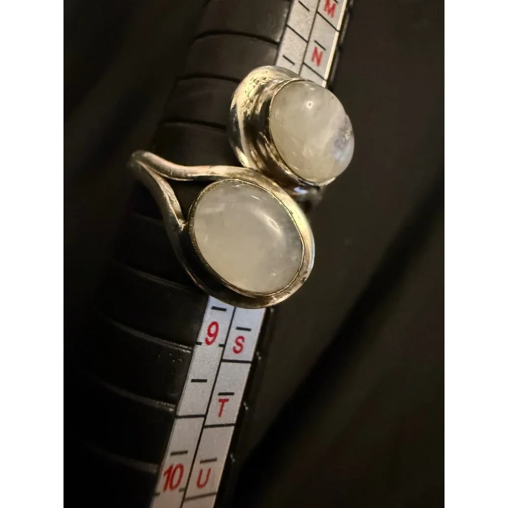 Sterling Silver 925 Double Moonstone Bypass Ring Size 8.5 Oval Cabochon Boho